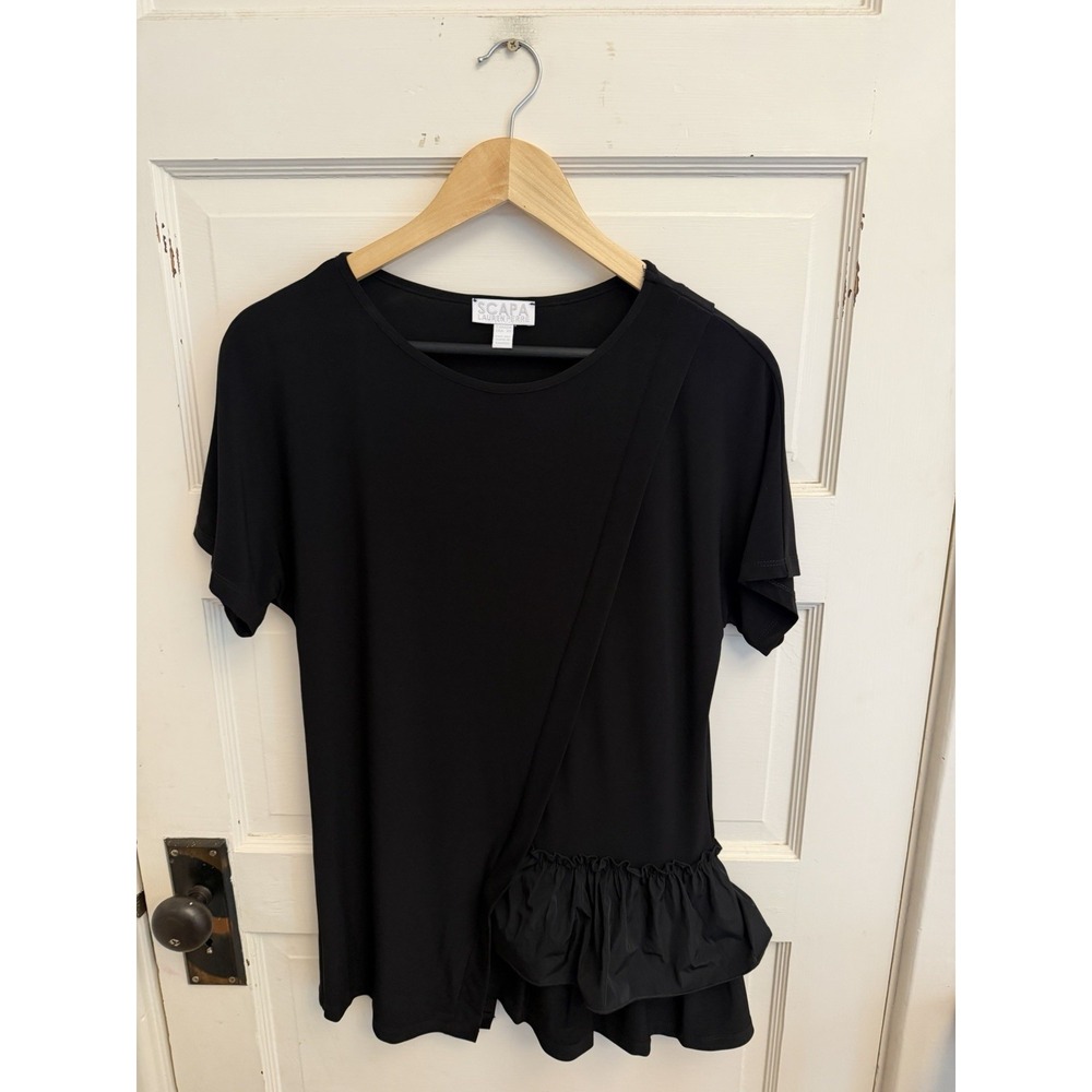 SCAPA Lauren Perre Women's Black Assymetrical Ruffle Top Tee Designer Size XS